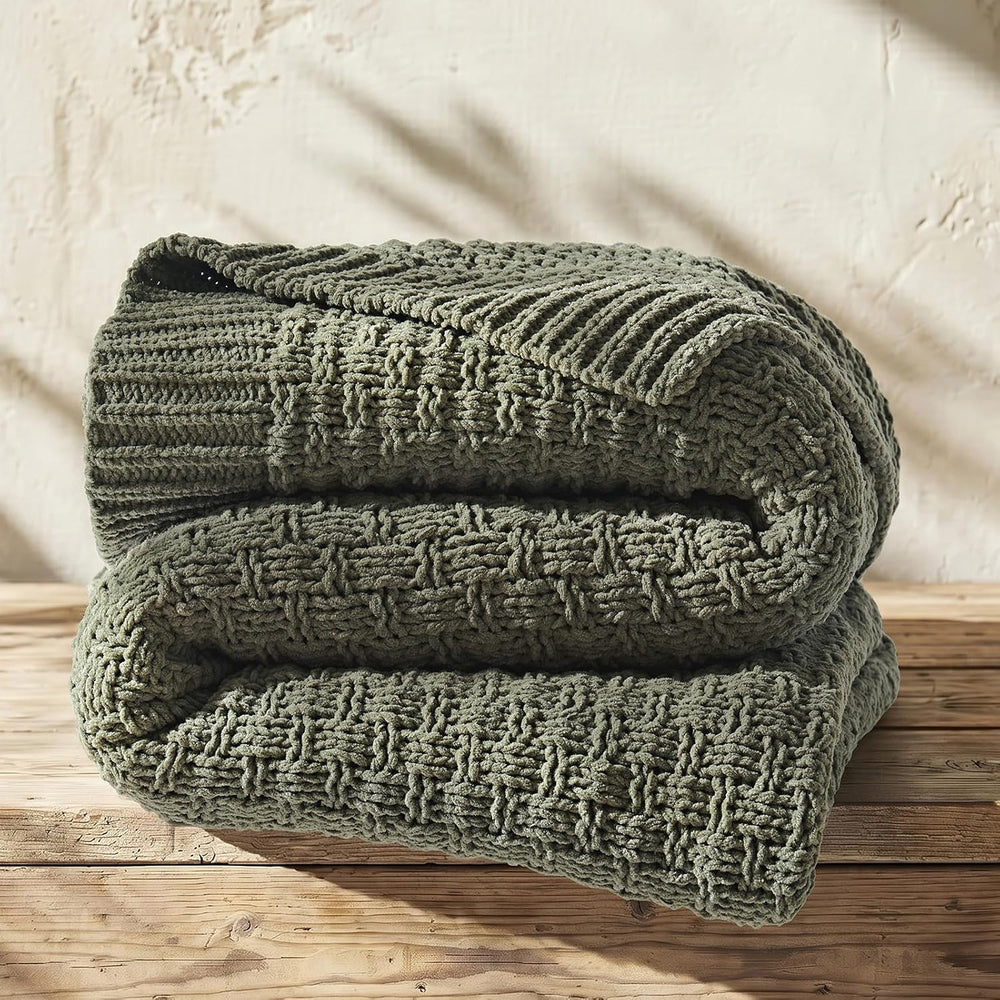EVERGRACEHOME Chunky Chenille Knit Throw Blanket, Dried Thyme Green, 60x80
