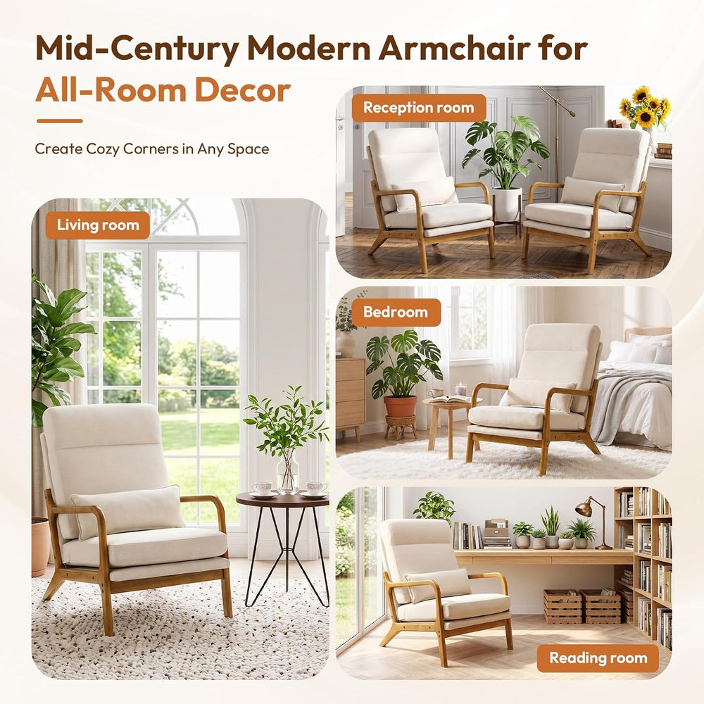 Bonnlo High Back Linen Beige Mid Century Modern Accent Chair, Soild Wood Padd...