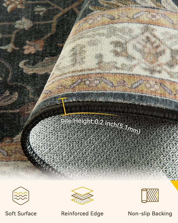 Area Rugs 9'x12' Washable Non-Slip, Floral Vintage Distress Print Pattern - Image 3