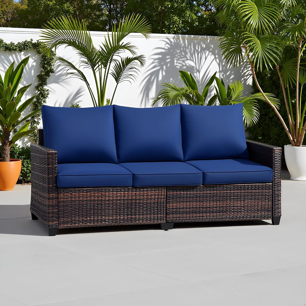 Outdoor Sofa, 3-Seat PE Rattan Couch, Blue