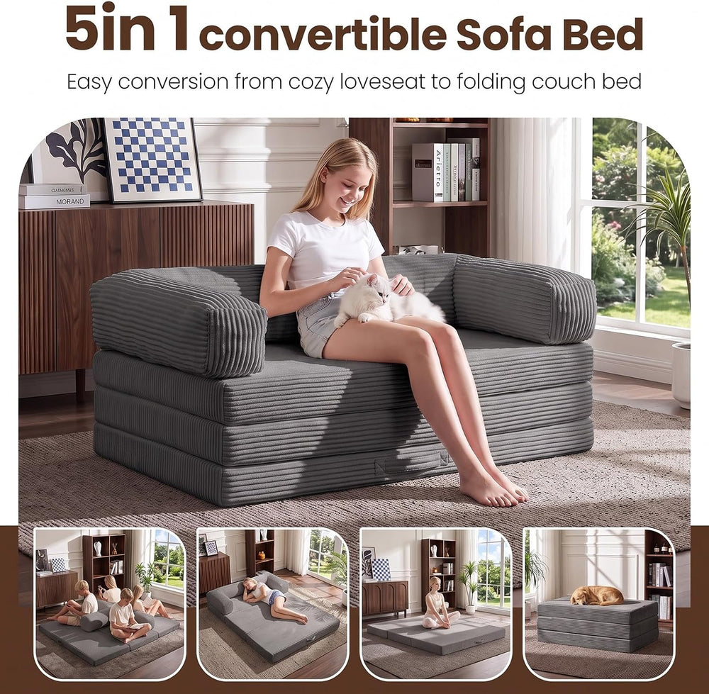 5-in-1 Convertible Sofa Bed,60" Boneless Couch with Pull Out Bed,Tri-Fol...