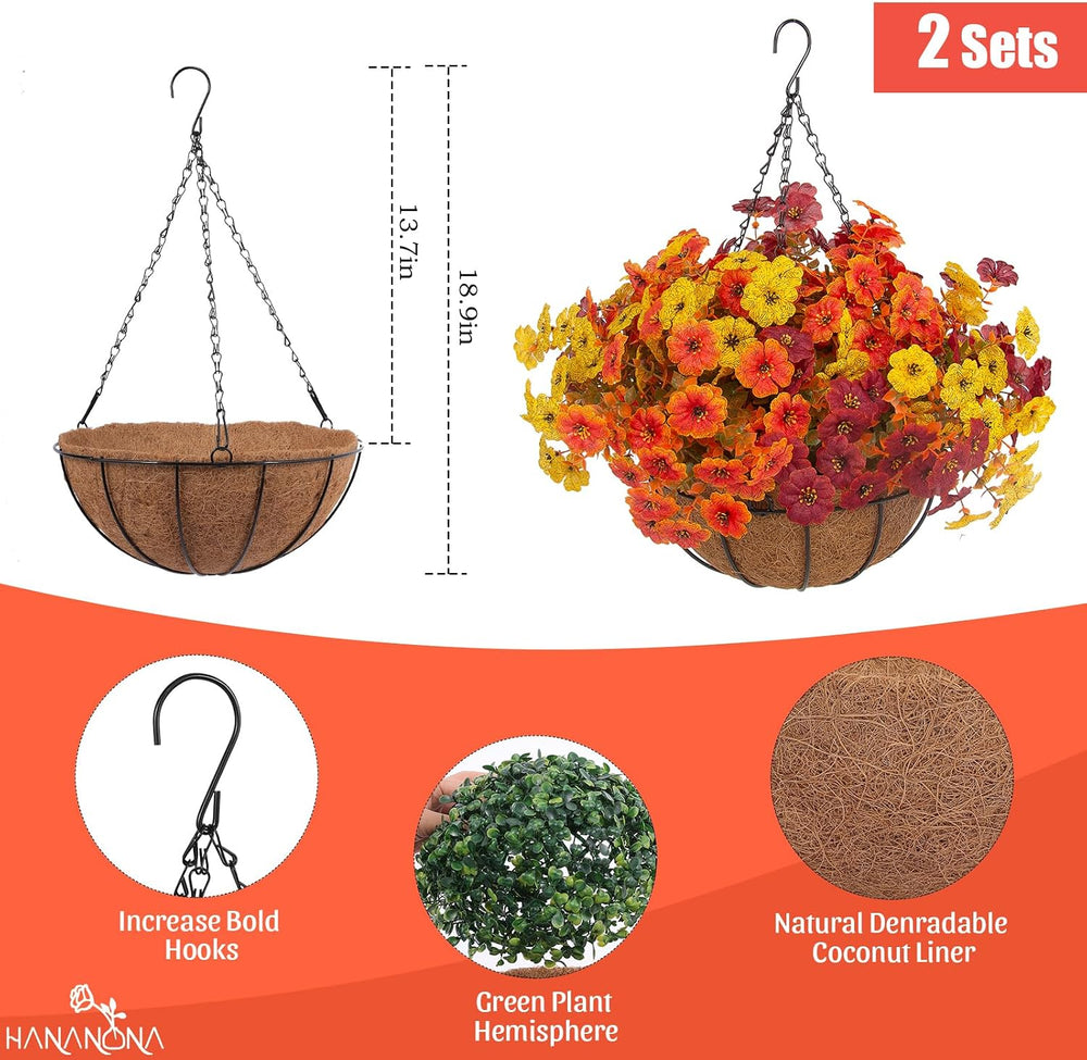 Hananona 2 Set Artificial Outdoor Fall Flowers with Hanging Basket, 2 Packs H...