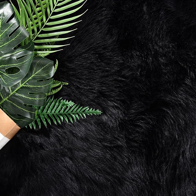 Latepis Black Furry Rugs for Bedroom Circle Faux Sheepskin Fur Rug Fluffy Round - Image 5