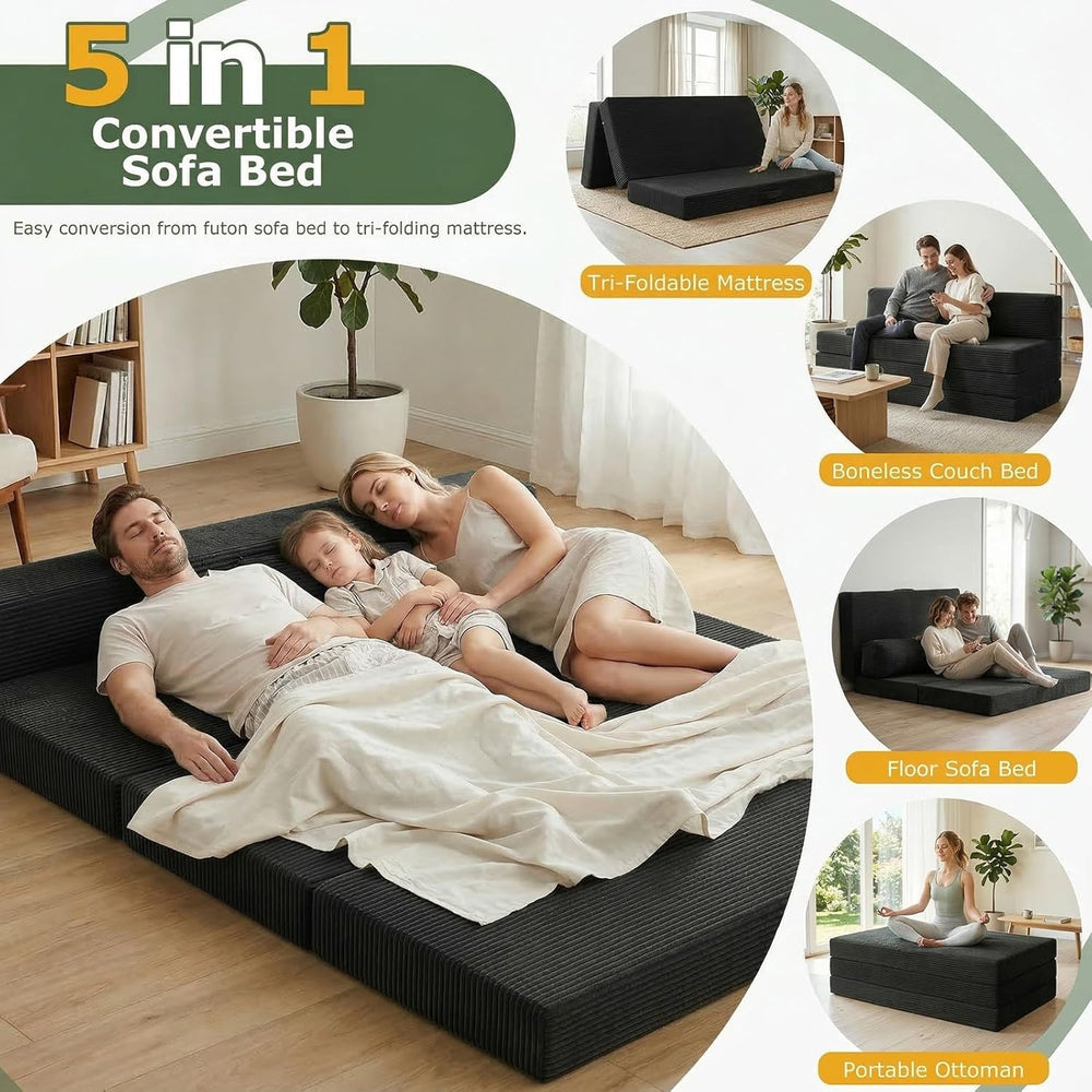 6 inch Tri-Folding Mattress Queen Futon Sofa Bed, Convertible Foldable Mattre...