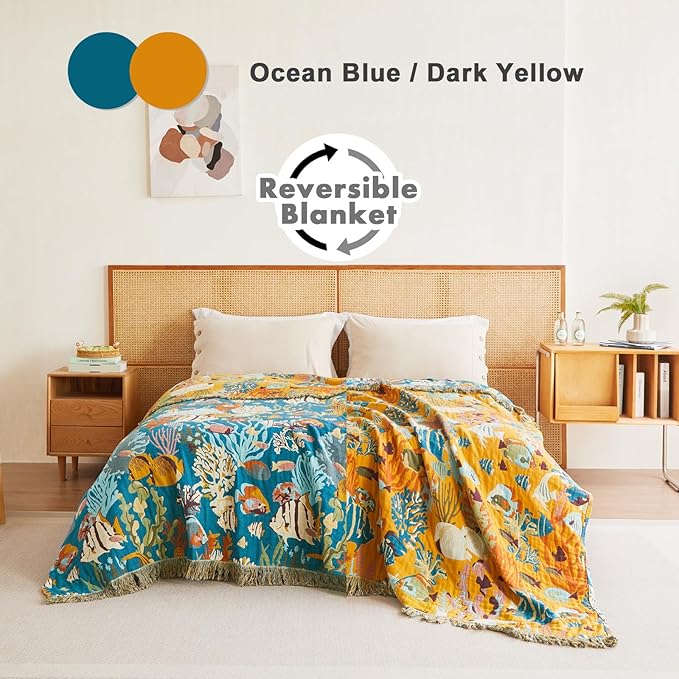 MSGKV Throw Blanket for Bed Cotton Cute Ocean Animals Twin Size Couch Blanket - Image 3