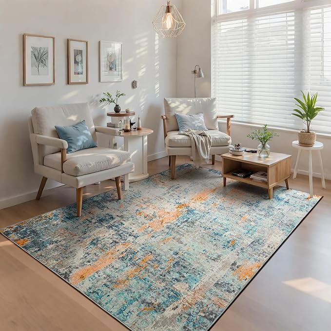Ompaa Living Room Rug 5x7 Blue Area Rug Machine Washable Boho Rug Non Slip - Image 4