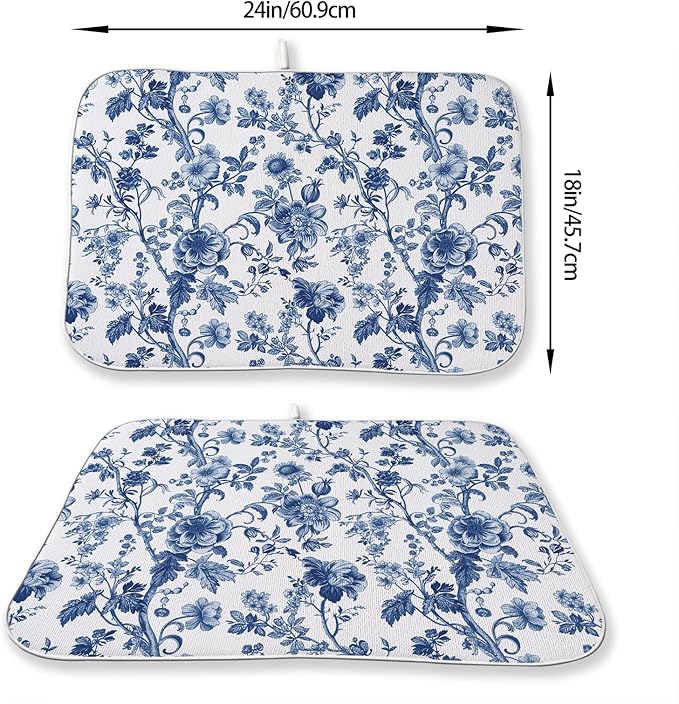 Blue Floral Dish Drying Mat 18 x 24 Inch Vintage Navy Blue Floral Drying Mat - Image 3
