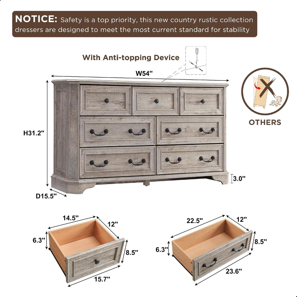 T4TREAM Farmhouse 7 Drawers Dresser for Bedroom, 54" Wide Wood Rustic Ch...