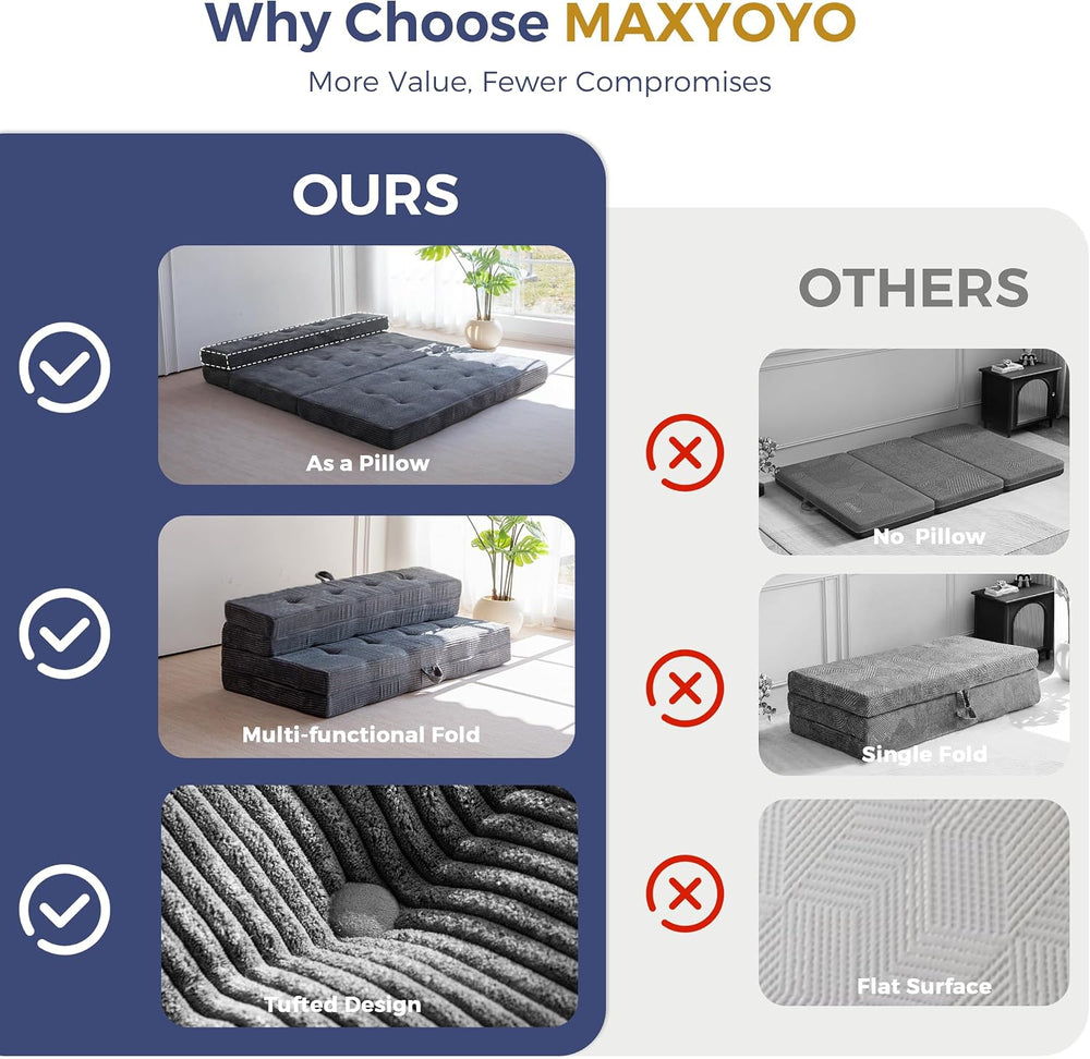 MAXYOYO Foldable Sofa Couch Bed, 4 Inch Tufted Folding Couch, Portable Floor ...