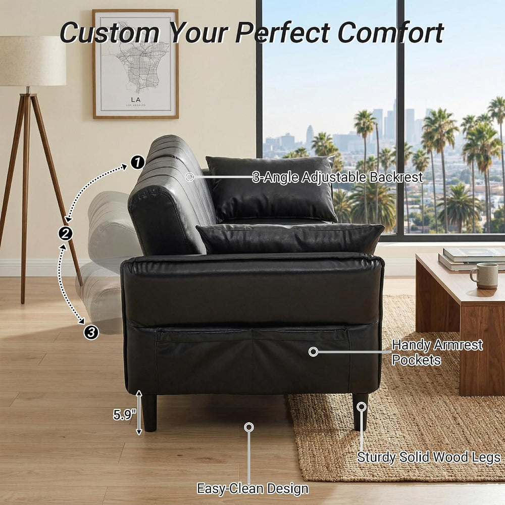 83" Mid Century Modern Futon Sofa Bed, Black Faux Leather Couch