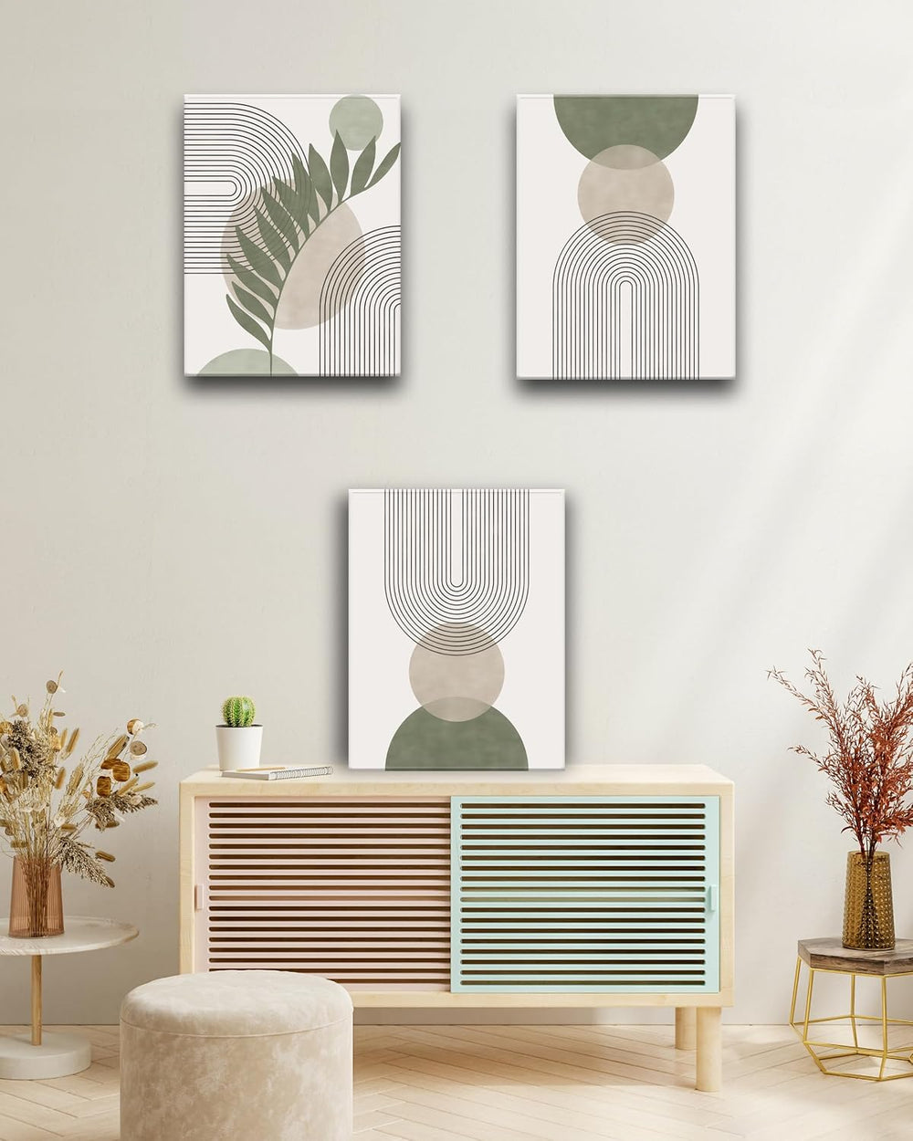 30x40CM Sage Green Boho Wall Art,Framed Canvas Bathroom Wall Art Pictures, Mi...