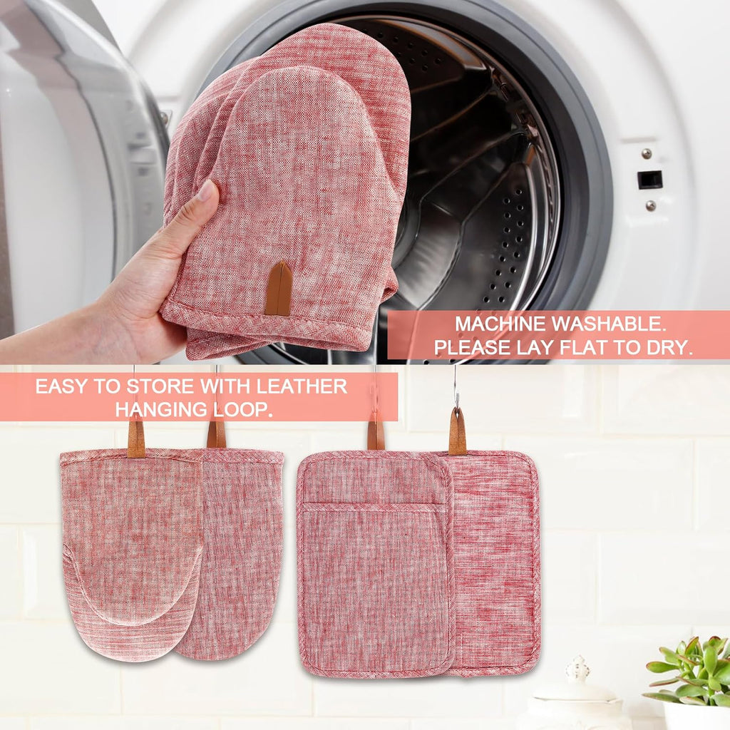 4Pcs Heat Resistant Oven Mitts & Potholders (Up to 500°F), Flexible Kitchen Accessories for BBQ, Baking, Microwave, Stovetop Use and More (Pink)