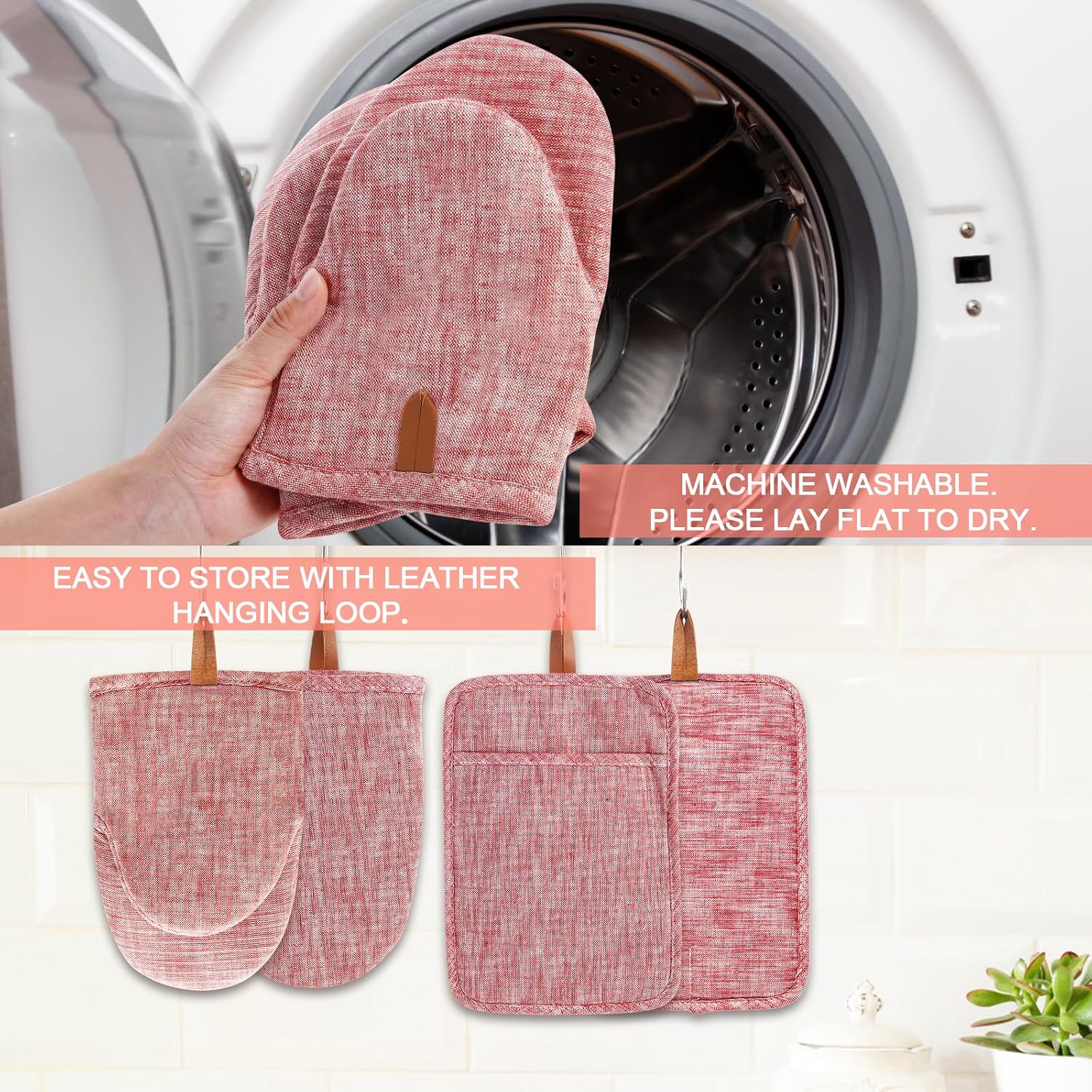 4Pcs Heat Resistant Oven Mitts & Potholders (Up to 500°F), Flexible Kitchen Accessories for BBQ, Baking, Microwave, Stovetop Use and More (Pink)
