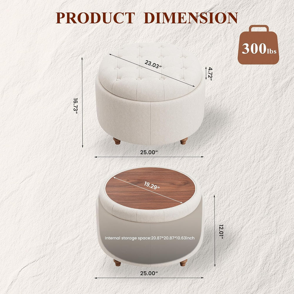 25Inch Round Storage Ottoman, Small Round Ottoman Coffee Table with Storage