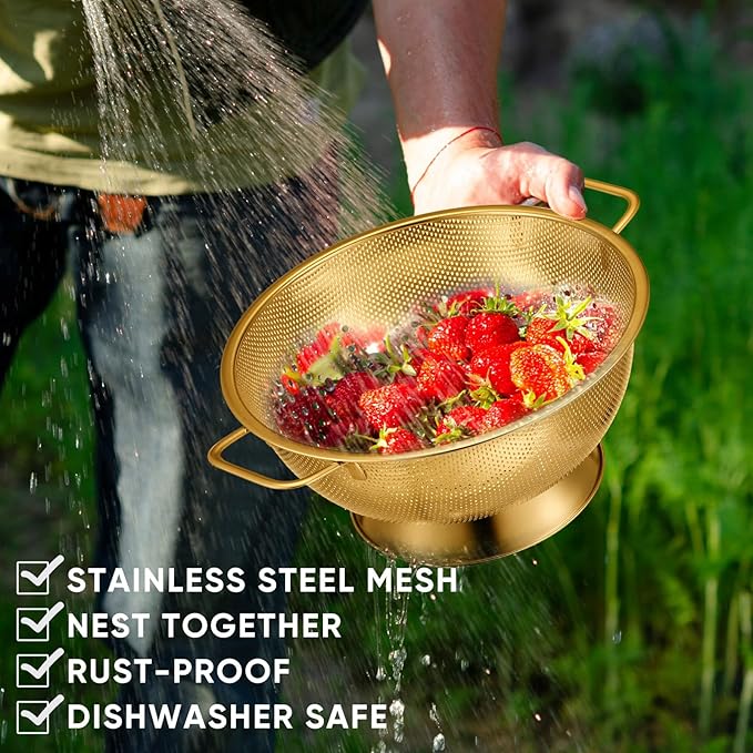 Bokon 3 Pcs Stainless Steel Colander Set Colander Bowl and Sieves 1/3/5 Quart