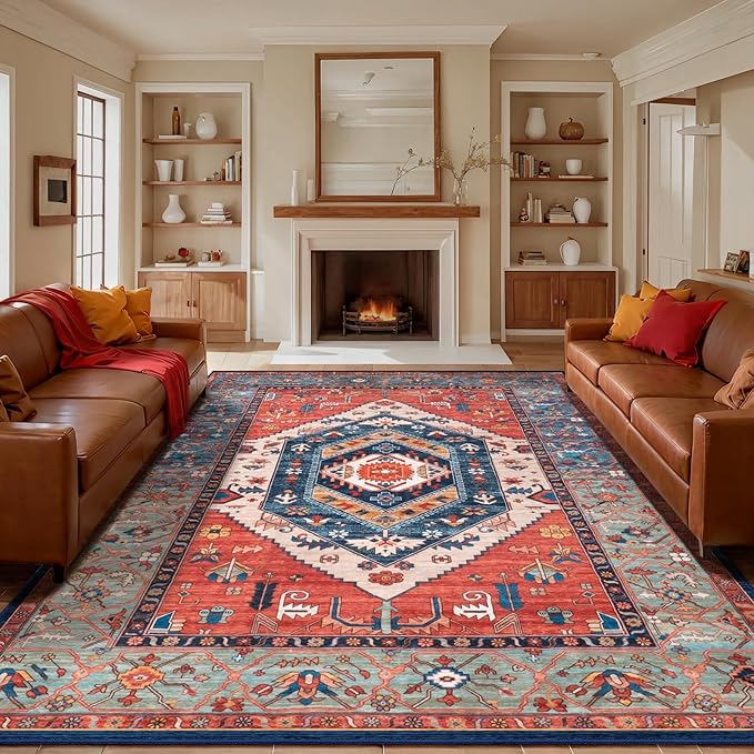 SERISSA Washable Rugs 9x12 Area Rugs, Large Non-Slip Boho Living Room Rust Rug - Image 8