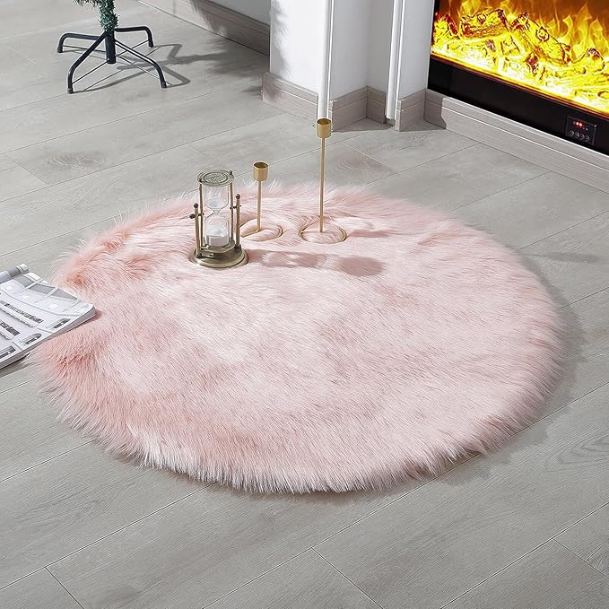 linmopm Faux Fur Rug Sheepskin Shag Fluffy Fuzzy Pink 3x3 ft Rugs by Limopmfauxfurproducts