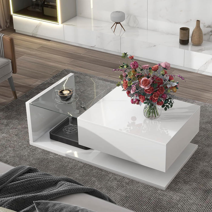 Modern Coffee Table with Tempered Glass, Wooden Cocktail Table with High-Gloss UV Surface, Modernist 2-Tier Rectangle Center Table for Living Room, White