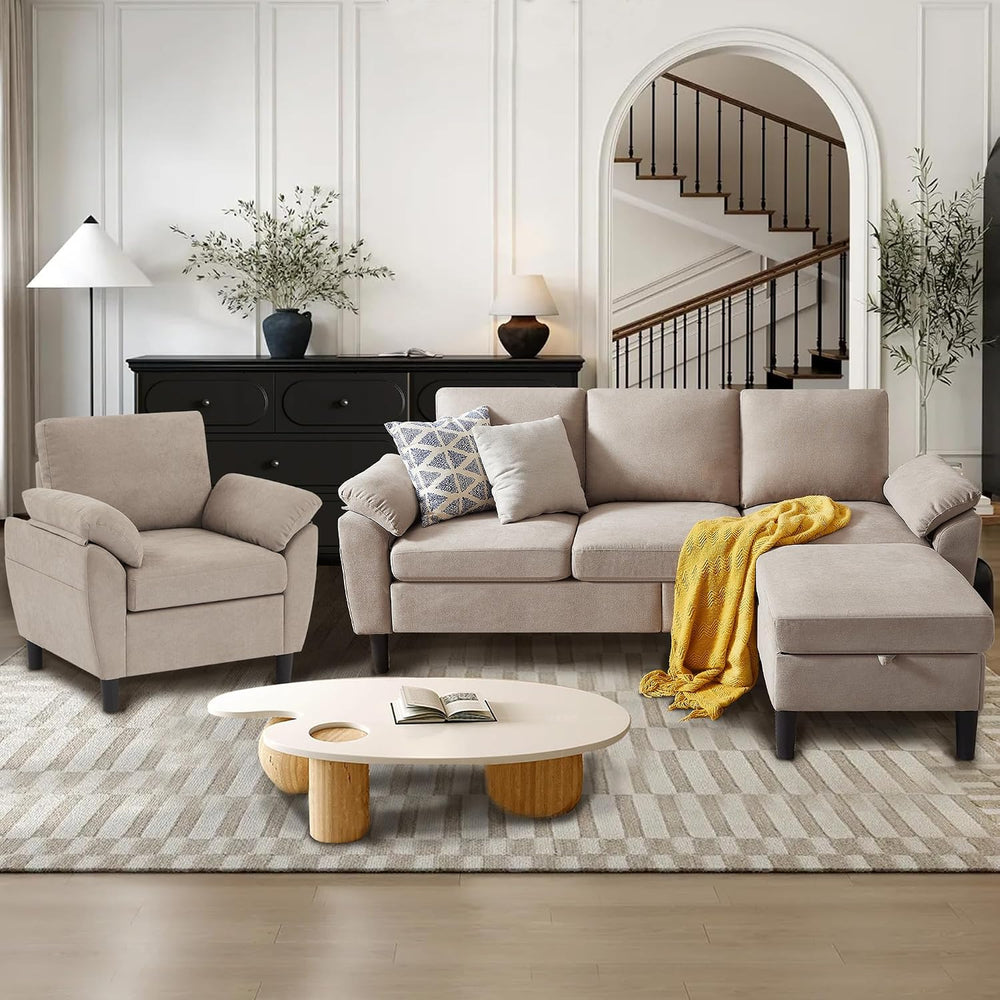 3 Piece Convertible Sectional Sofa Set, Modern Linen Small L Shaped Couch wit...