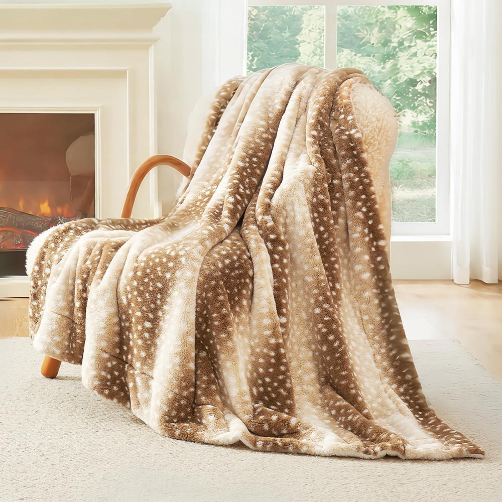 Cozy Bliss Deer Print Faux Fur Throw Blanket,50"×60", Brown Deer