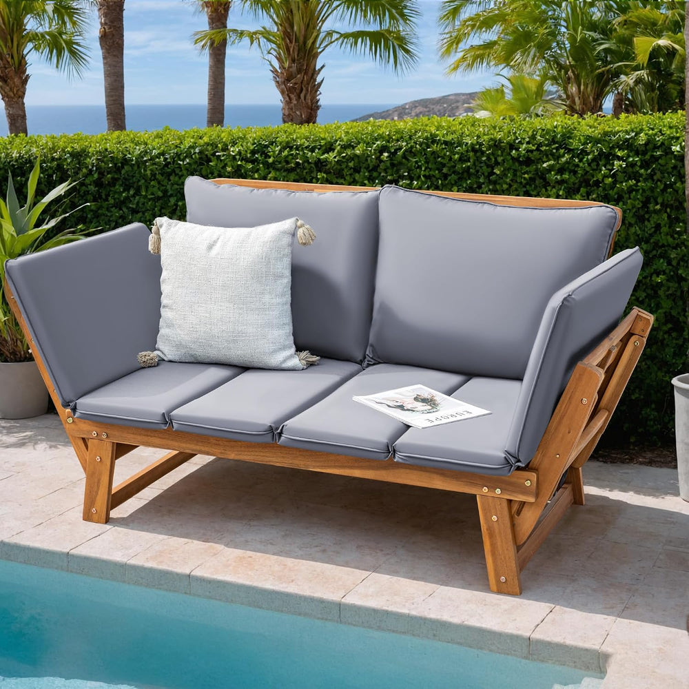Greesum Patio Convertible Couch Sofa Bed with Adjustable Armrest, Acacia Wood...