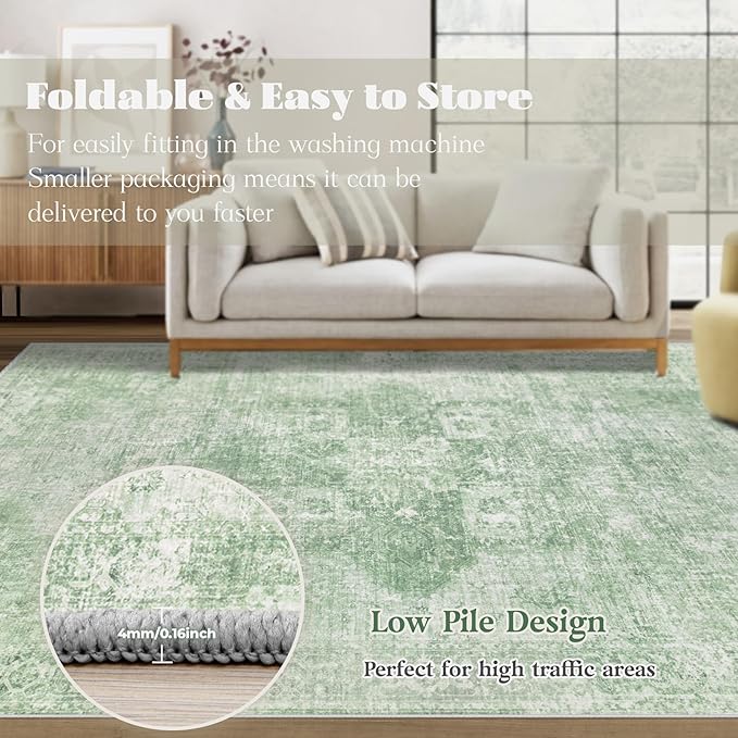 Area Rug 9x12 Washable Rug, Vintage Boho Medallion Rugs Non-Slip Soft Low Pile - Image 7