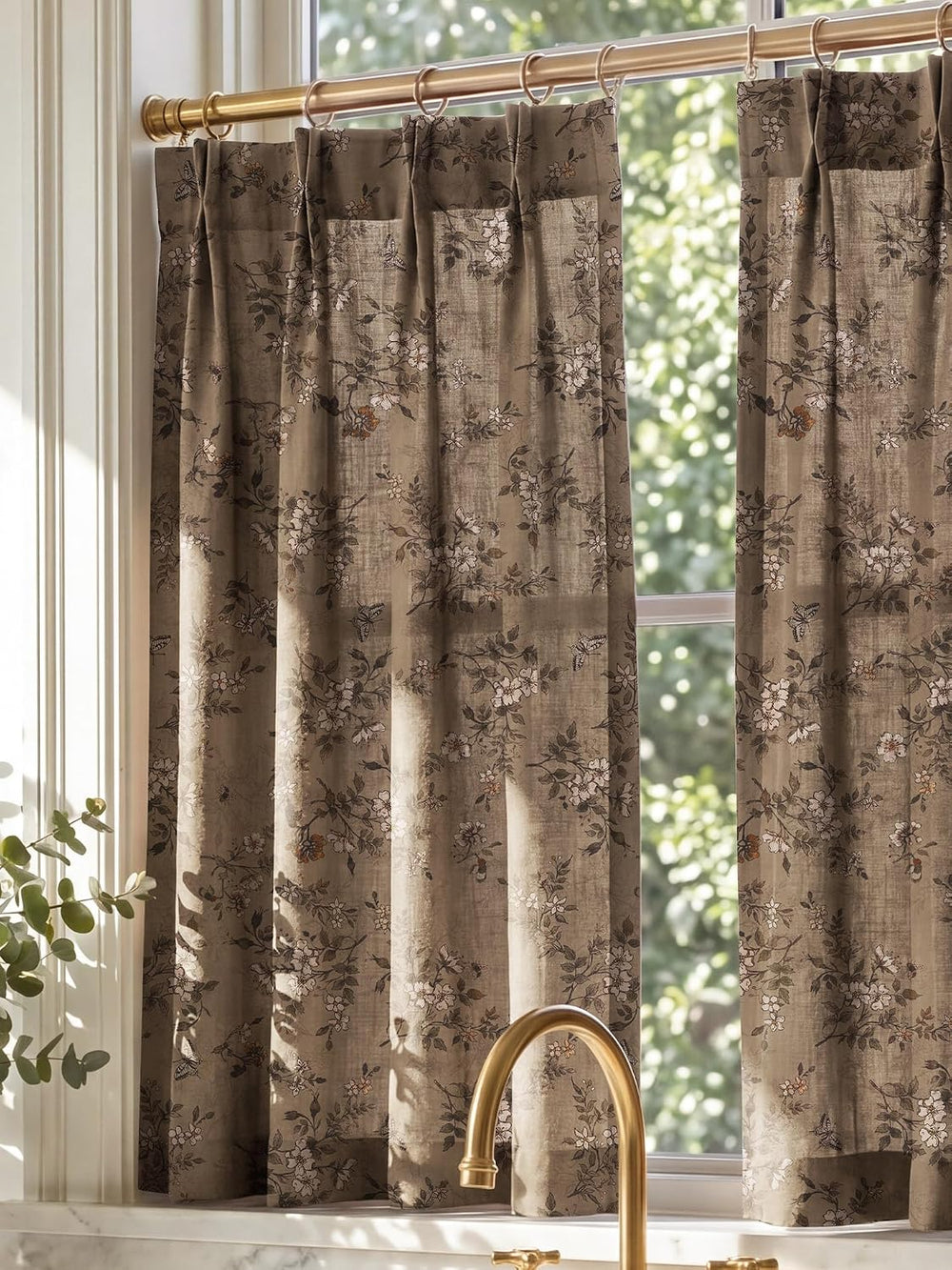 NICETOWN Pinch Pleated Cafe Curtains 36 inch Length, Khaki Floral Print