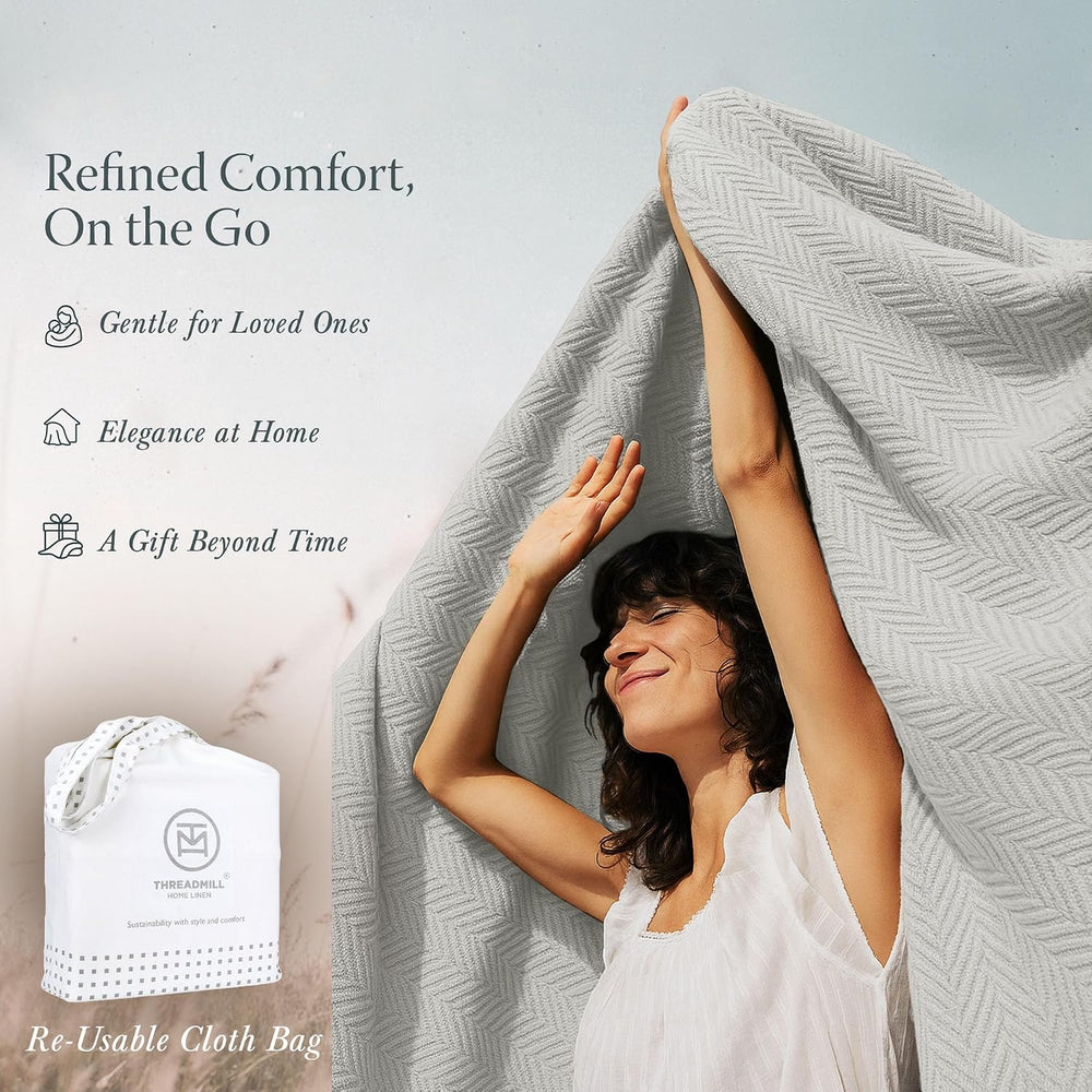 Threadmill Luxury 100% Cotton King Herringbone Blanket, Light Grey