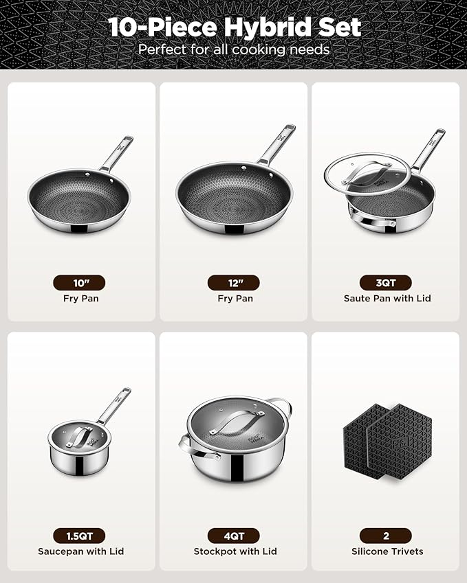 Pots and Pans Set Hybrid Stainless Steel, Dishwasher & Oven Safe, Metal Utensil - Image 2