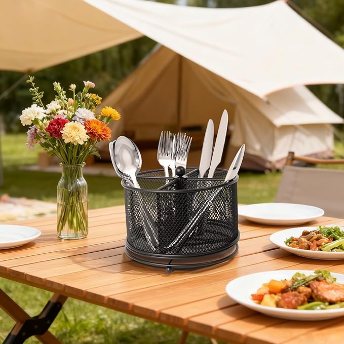 360° Rotating Metal Utensil Caddy, 4 Compartment Silverware Cutlery Holder - Image 4