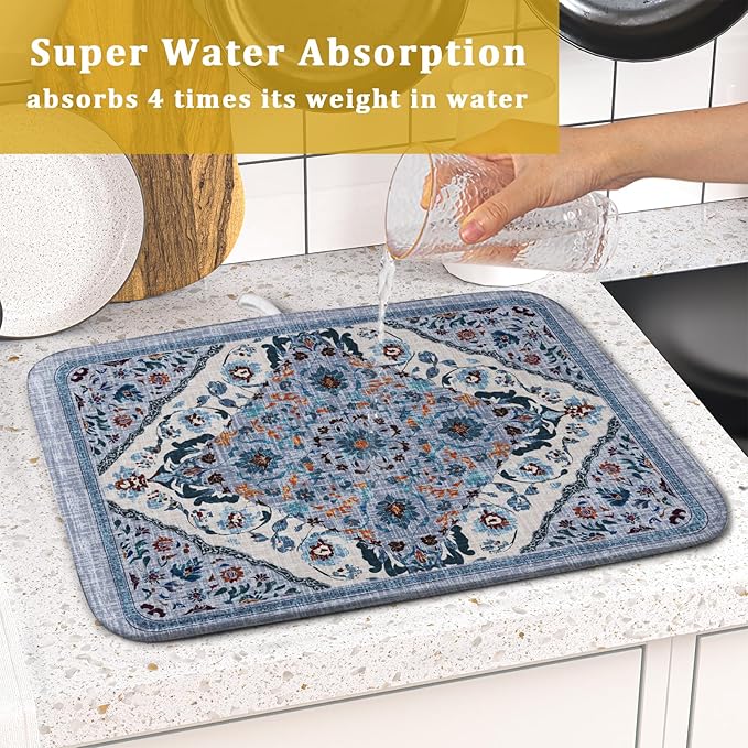 Boho Flower Dish Drying Mat Blue Bohemian Dishes Drainer Rack Mat 16x18 Inch - Image 7