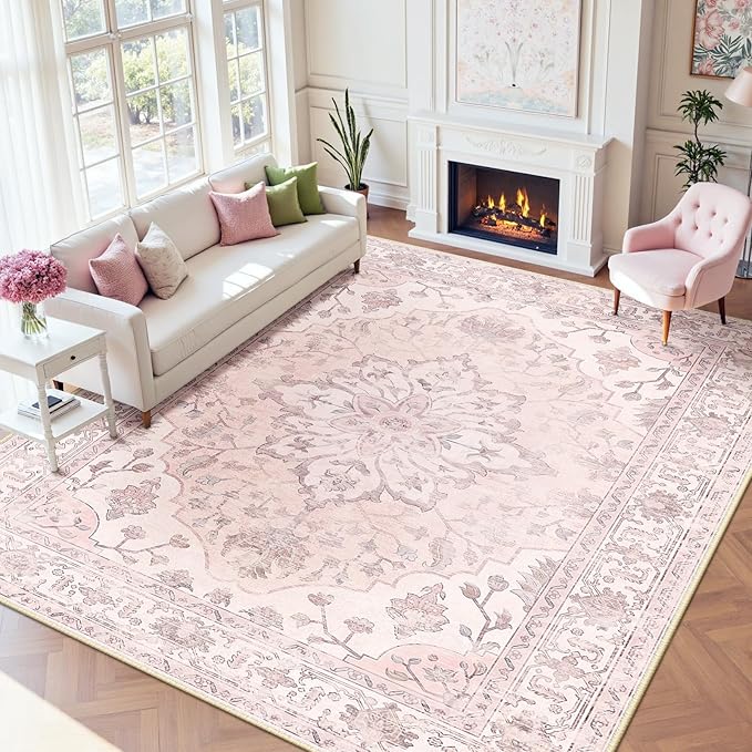 RELEANY Area Rugs 9'x12' Washable Non-Slip, Floral Vintage Distress Print by RELEANY
