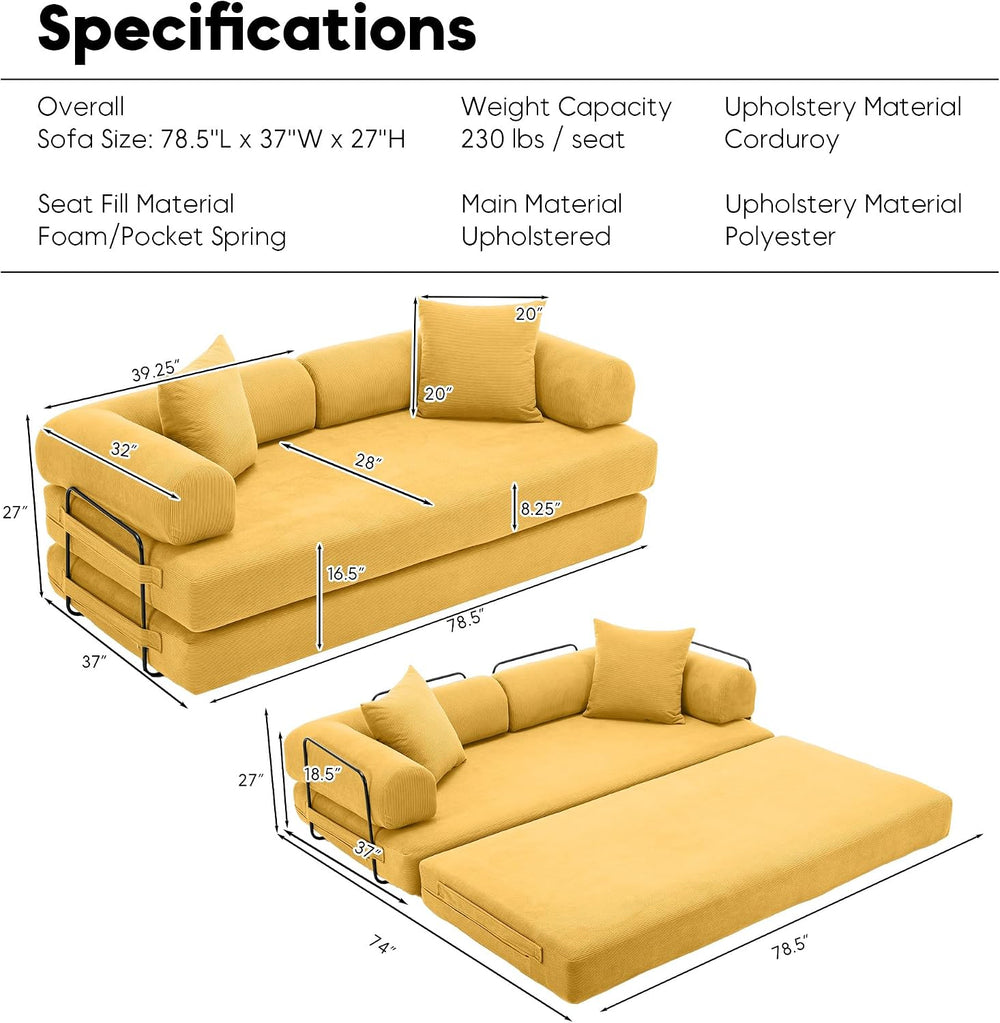 ZEIINPA Convertible Floor Sofa Bed with Fixed-Shape Frame, Modular Corduroy F...