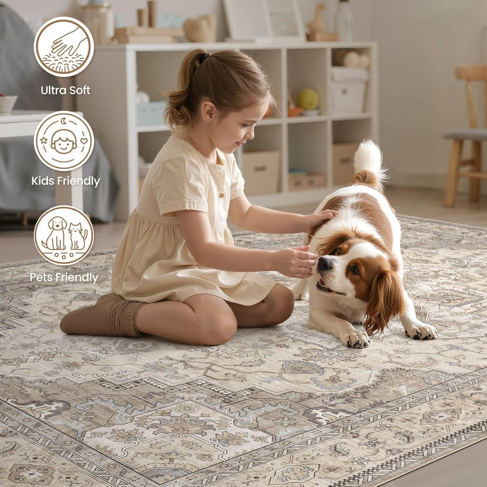 EIEIHOUSE 10x14 Area Rug Washable Vintage Rugs for Living Room Brown/Multi