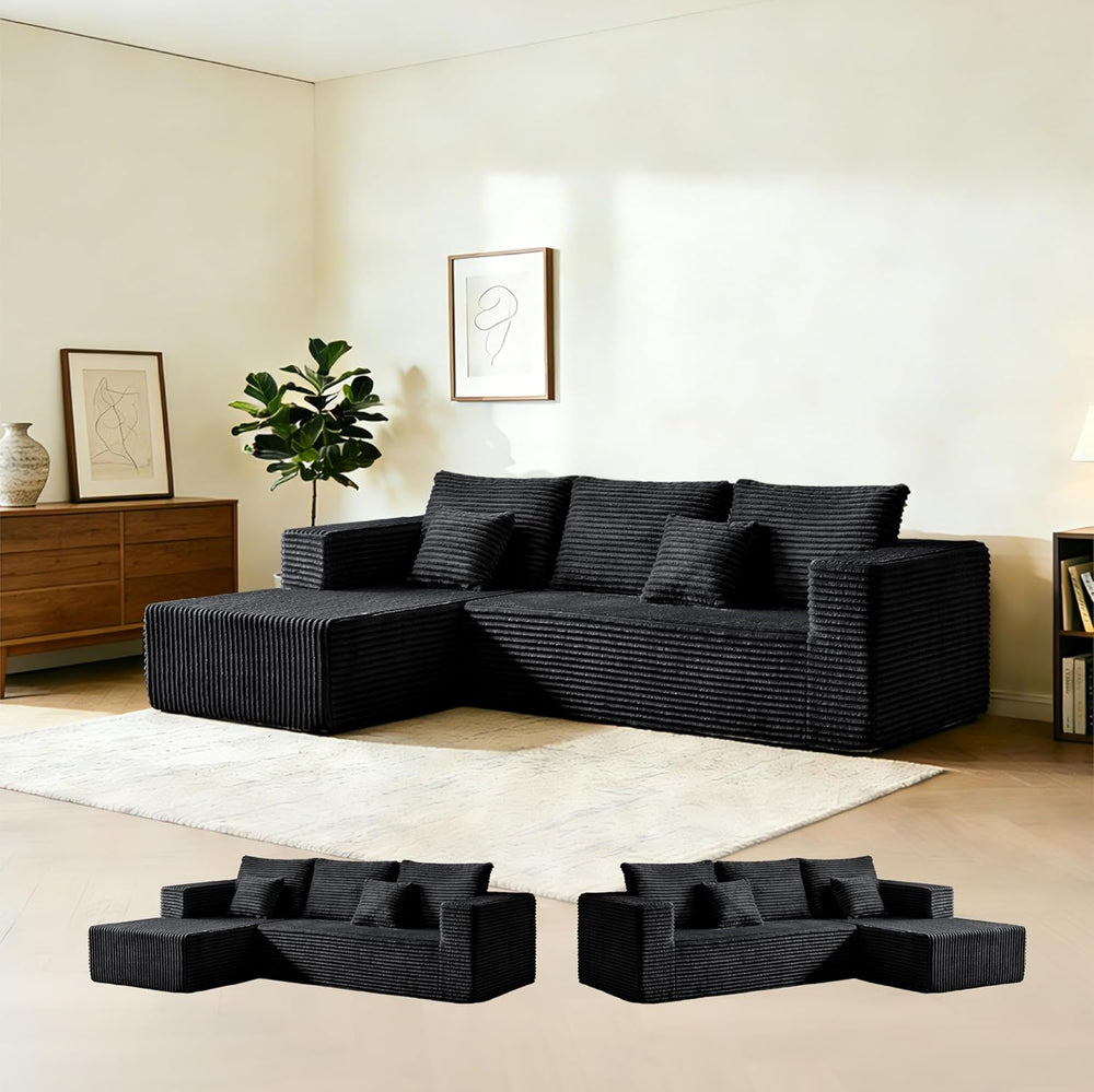 106" Black Corduroy Boneless Modular Sectional Sofa, Cloud-Louch Deep Se...
