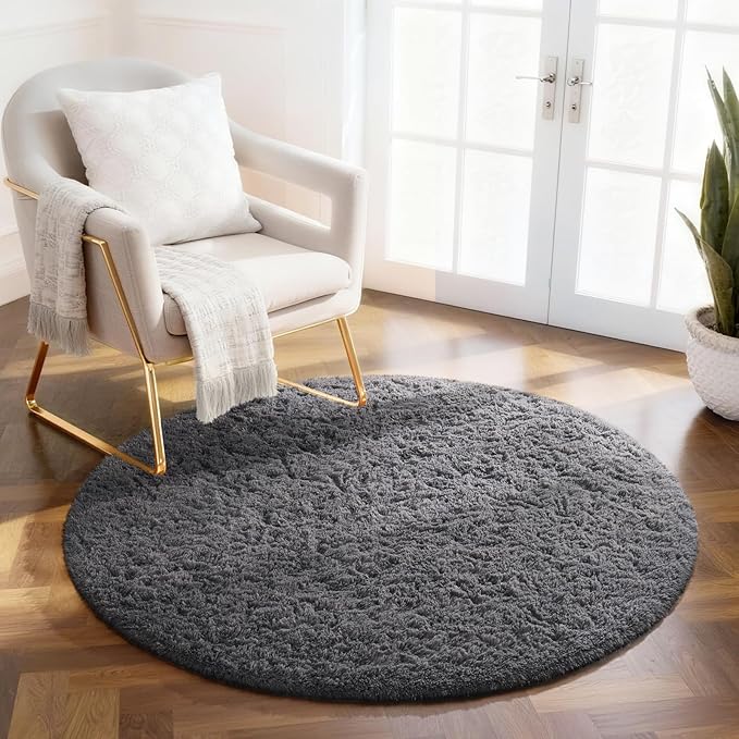 Ophanie Round Rug 2Ft Grey Circle Area Rug, Fluffy Fuzzy Bedroom Carpet by Ophanie