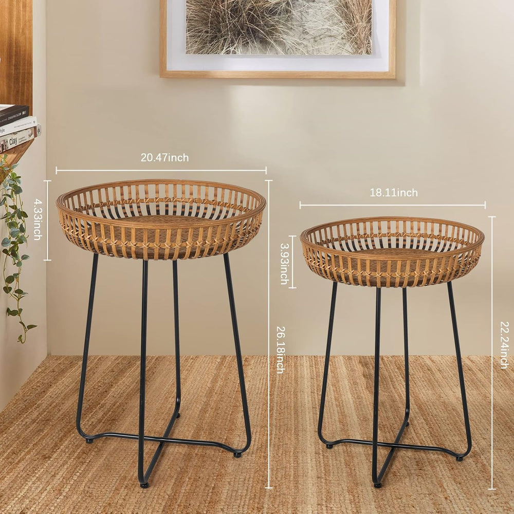 Oakrain Rattan Side Table, Nesting Tables, Set of 2, Bamboo Coffee with Metal...