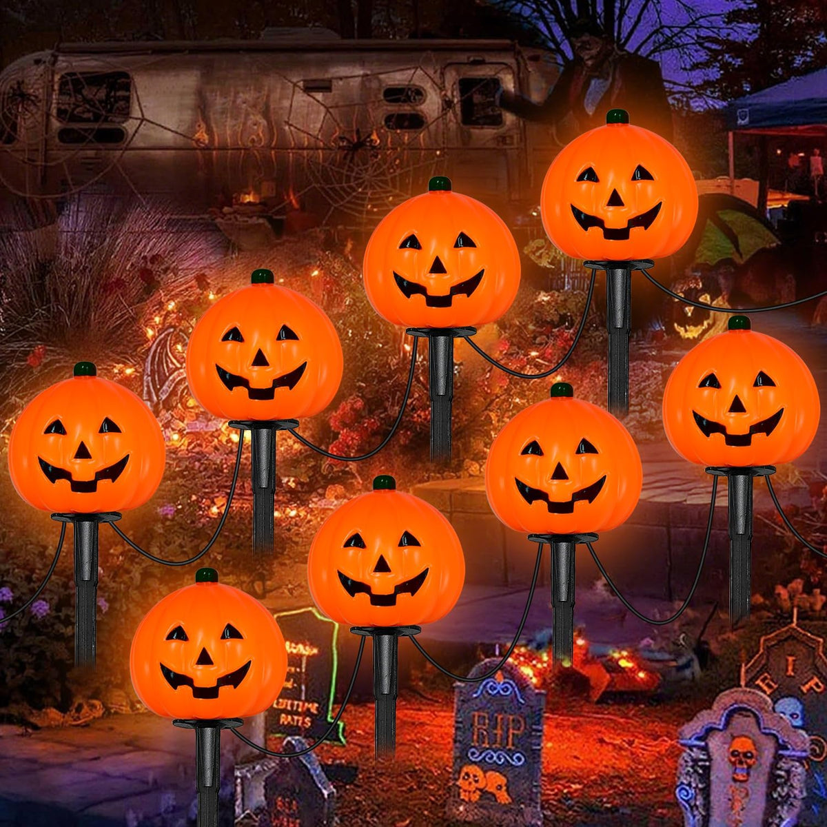 2 Sets 7Ft Halloween Decorations Pathway Lights Outdoor Pumpkin Stake Lights with 8 Jack-O Lantern Pumpkin Lights, 5 C7 LED Bulbs and 8 Stakes for Walkway Driveway Garden Lawn Lighting and Decor