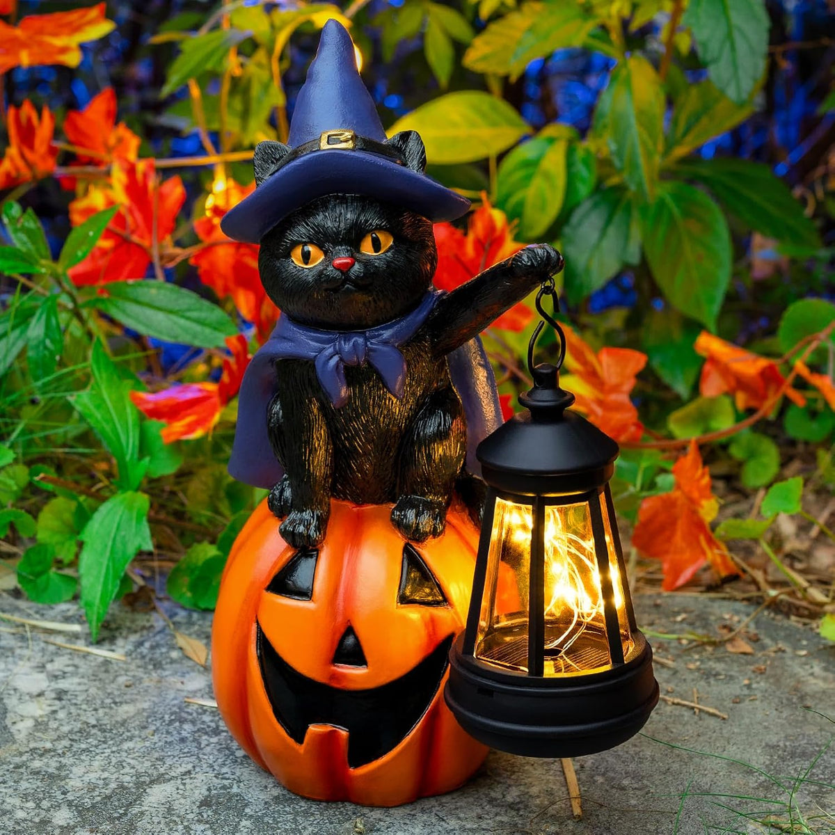 Halloween Black Cat Decor Solar Cat Garden Statues Sit On Pumpkin with LED Lantern Halloween Fall Outdoor Decorations for Porch Patio Yard Lawn Holiday Gardening Gifts for Women