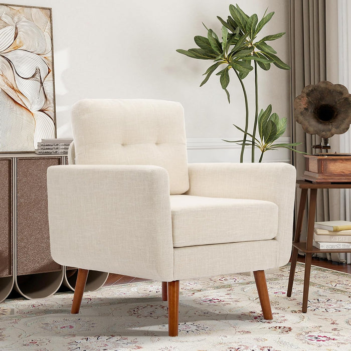 Tbfit Linen Fabric Single Sofa, Accent Chair, Mid Century Modern Armchair for Living Room, Bedroom Button Tufted Upholstered Comfy Reading Sofas, Beige