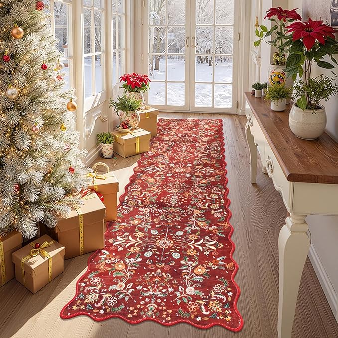 Yamaziot Christmas Runner Rug 2x8 – Red Floral Washable Non-Slip Carpet Runner by Yamaziot