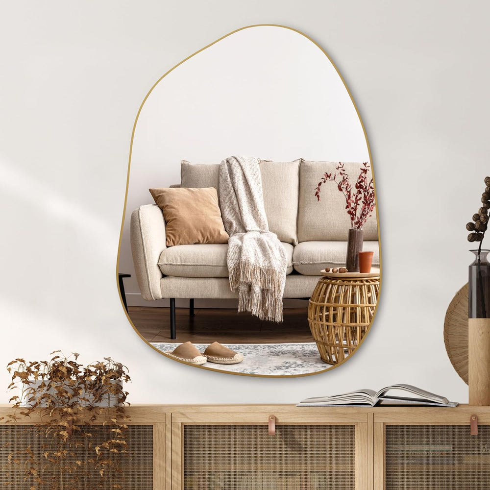 PERFNIQUE Irregular Asymmetrical Wall Mirror, 32"x24" Gold Bathroom...