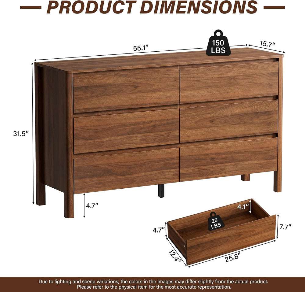 Furniway 55.1" Wide 6 Drawer Wood Dresser for Bedroom with Legs, Walnut