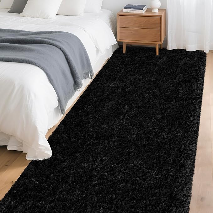 3x10 Bedside Area Rugs for Bedroom Soft Fluffy Shag Black Rug for Hallway - Image 3