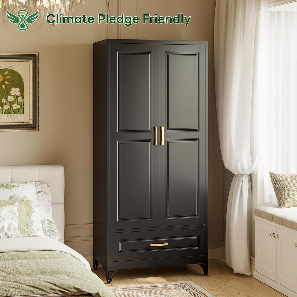 71" Black Armoire Wardrobe Closet with Drawer, Hanging Rod