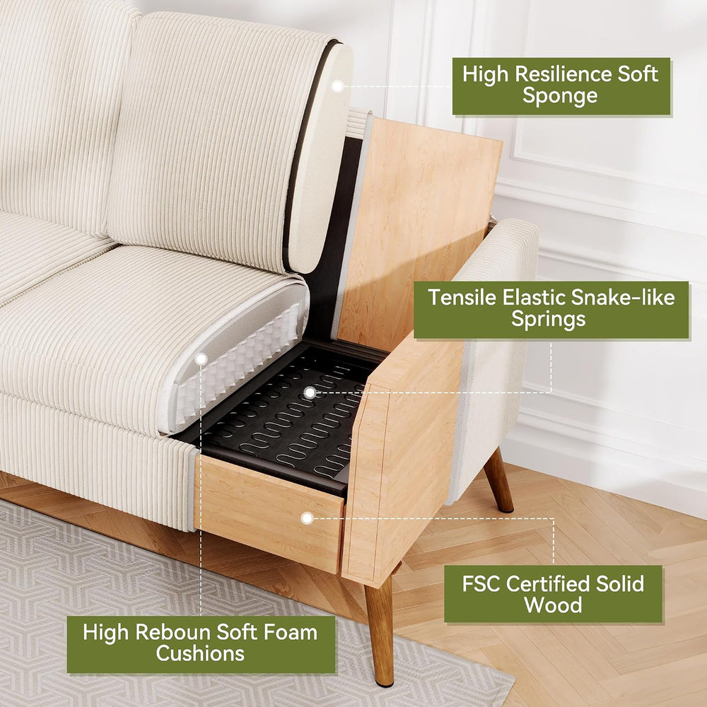 Loveseat Sofa, 67" Small Couch, White Corduroy Love Seat Couches