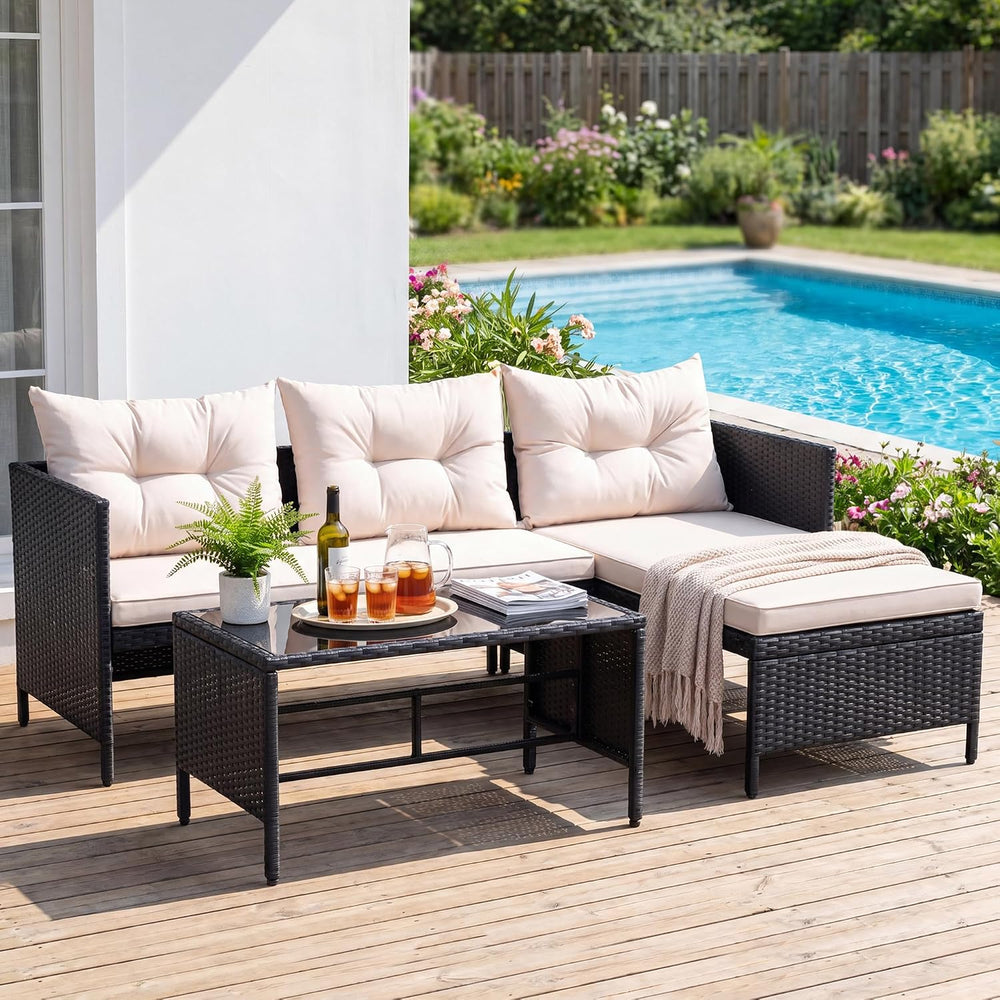 Greesum Patio Furniture Set 3 Piece Outdoor Wicker Sectional Sofa,Beige