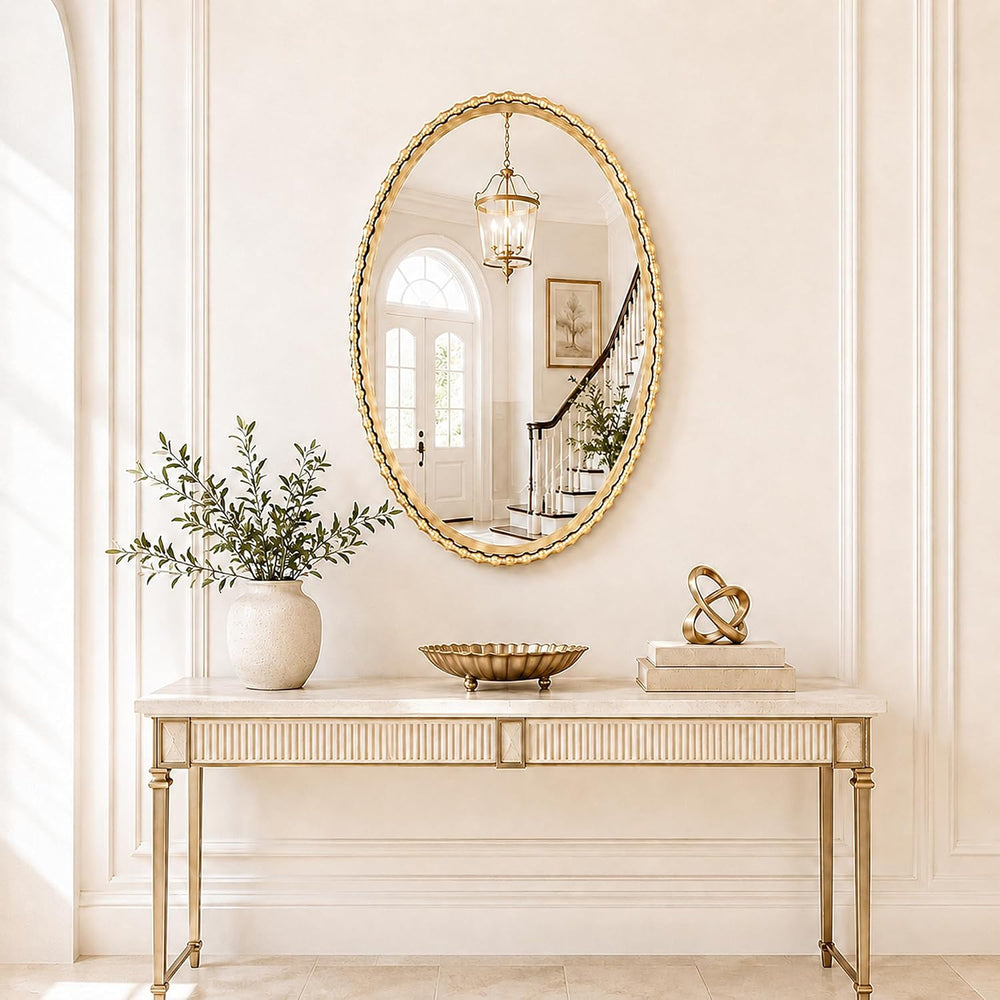 24"x36" Oval Wall Mirror, Antique Gold Bold Beaded Frame
