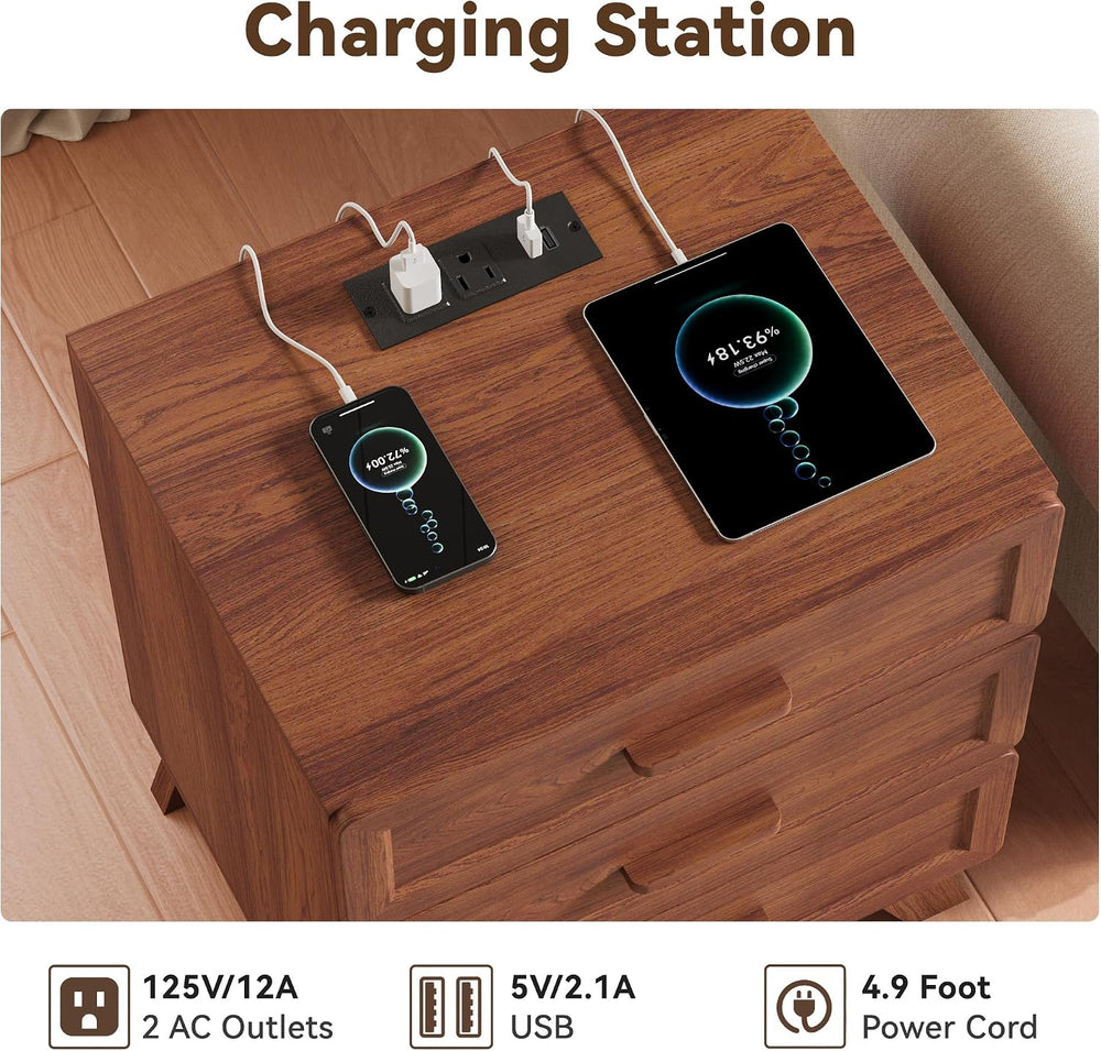 YANSNWO 23.6" Tall Nightstand with Charging Station, 3 Drawers, Walnut