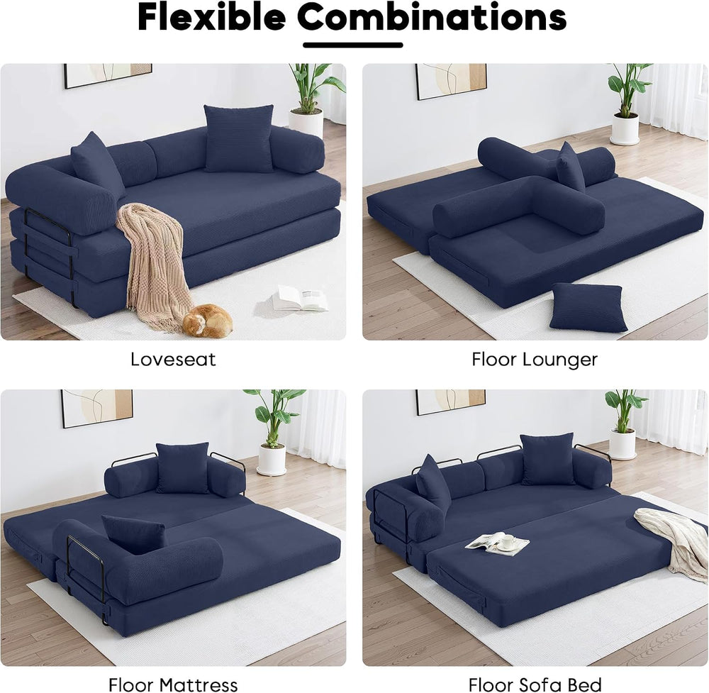 78" Convertible Futon Sofa Bed, Boneless Couches for Living Room, Blue